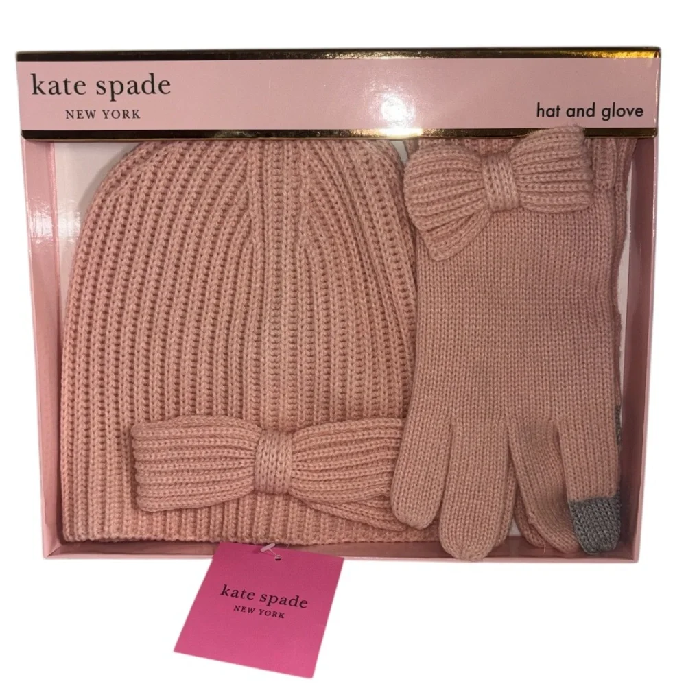 Kate Spade Hat Glove Set Half Bow Beanie and Gloves English Rose Pink One Size